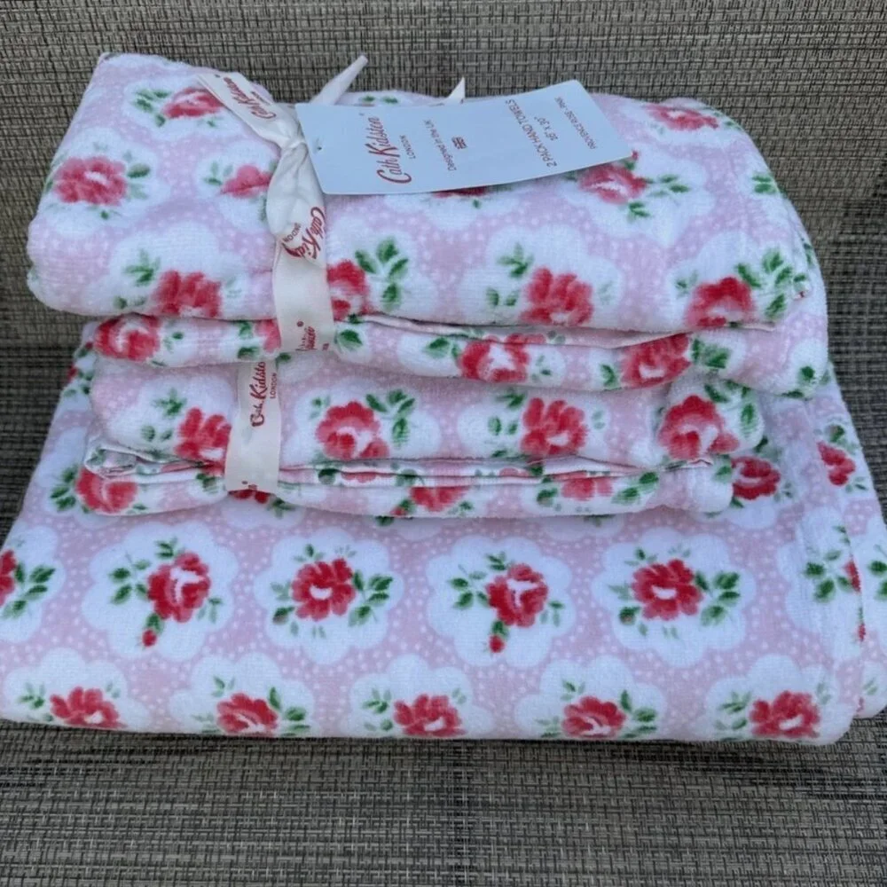 Cath Kidston Provence Rose Pink Cotton Velour One Bath & 4 Hand Towels Set 5pc